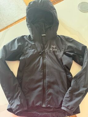 Arc'teryx Black Hooded Softshell Jacket with White Logo